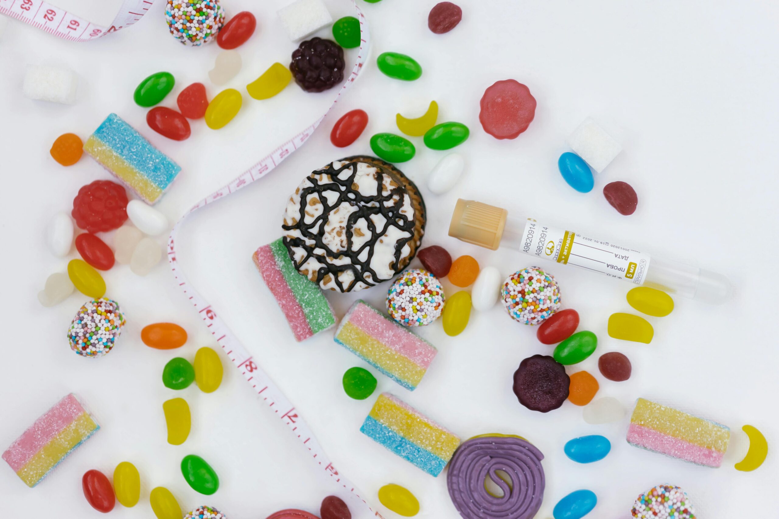 Top view of assorted candies, cookies, and a tape measure symbolizing unhealthy diet choices.