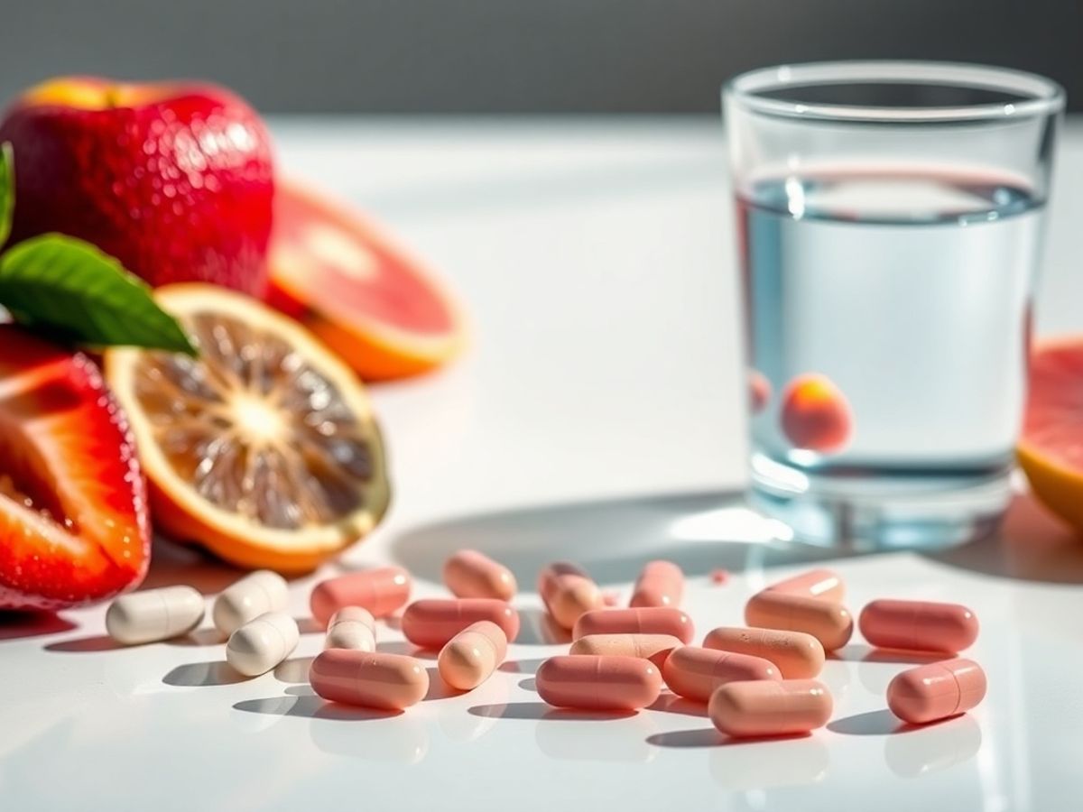 Cialis pills with fruits and water on a table.