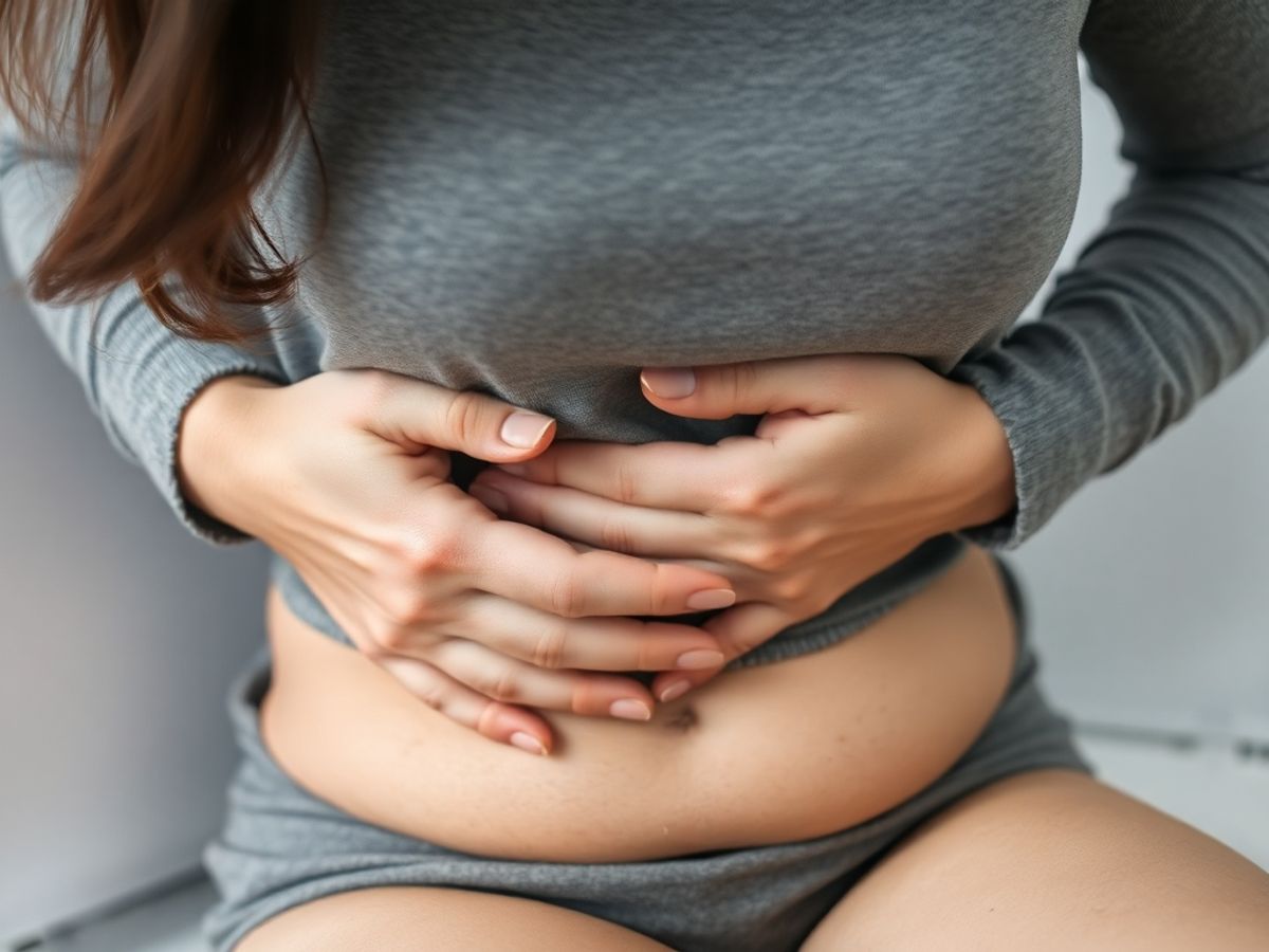 Woman experiencing discomfort in a bathroom setting.