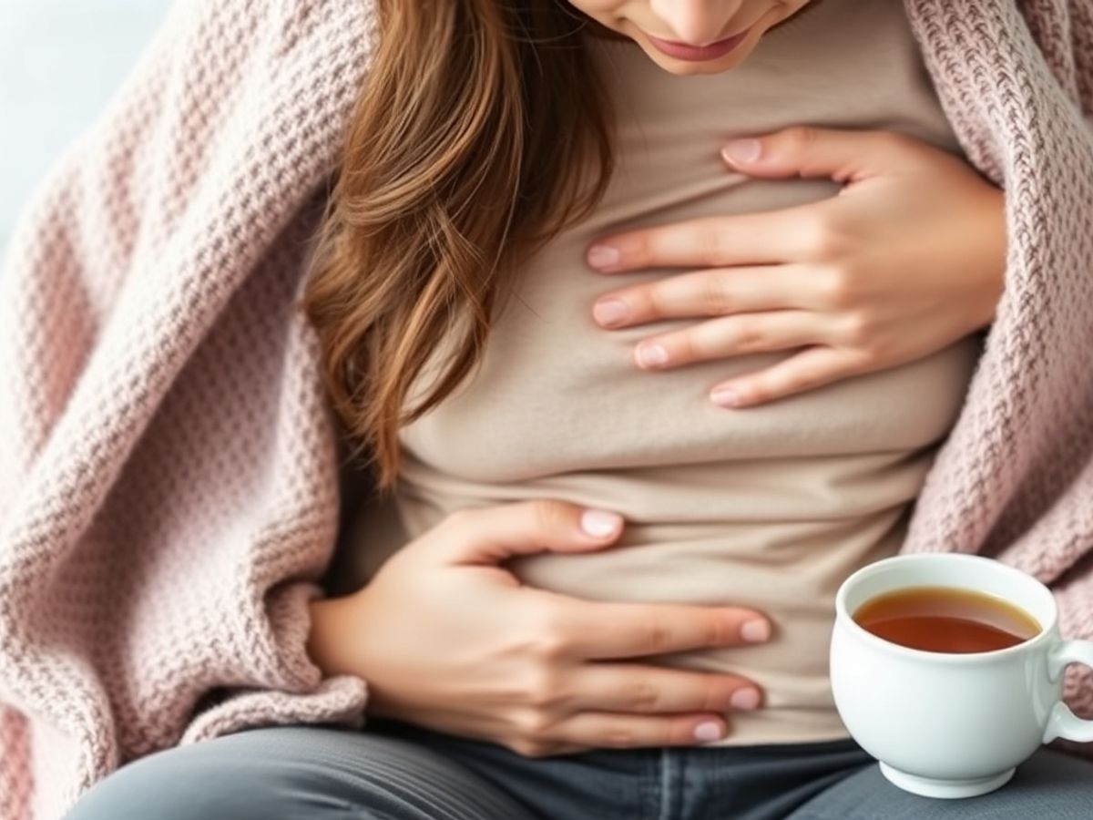 Woman holding stomach, feeling discomfort during her period.