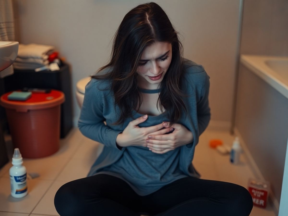 Woman in bathroom showing discomfort from period diarrhea.