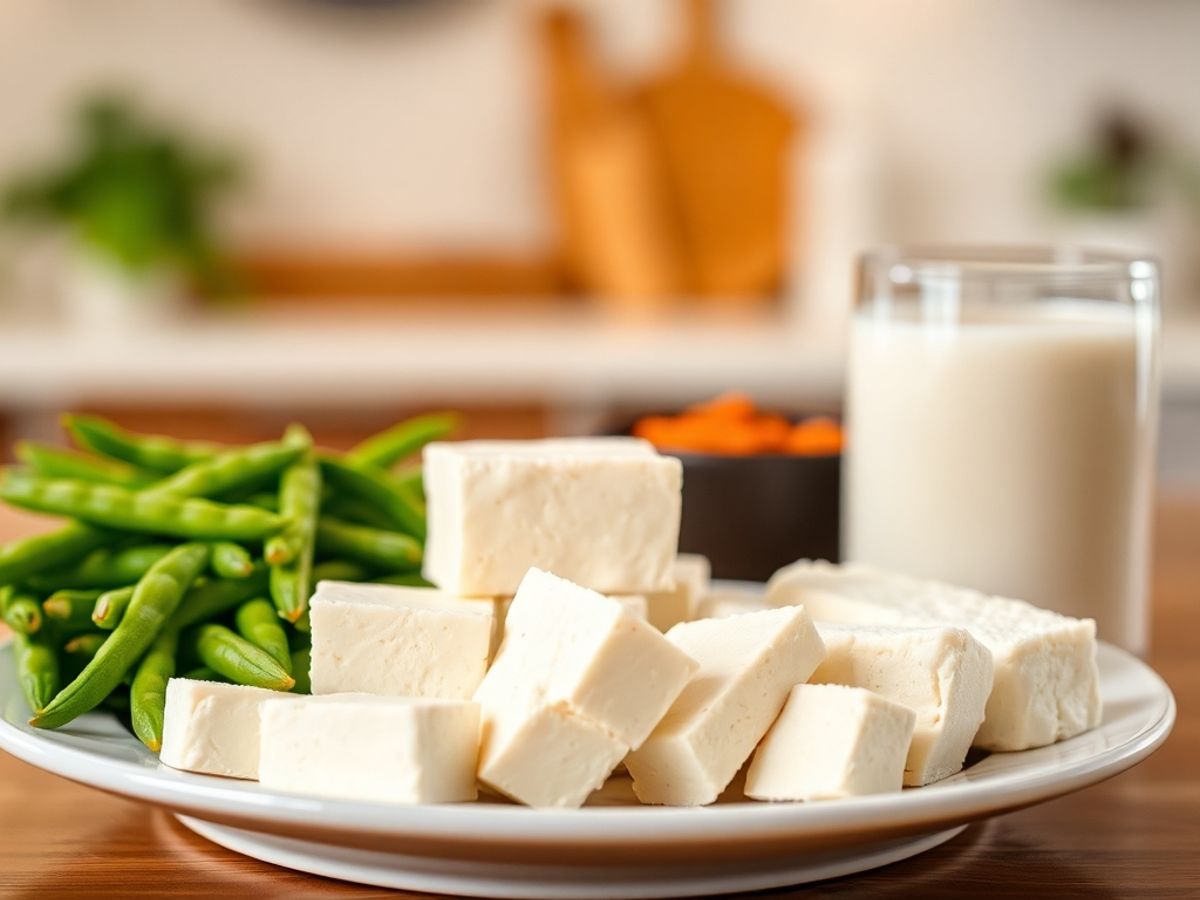 Plate of soy-based foods like tofu and edamame.