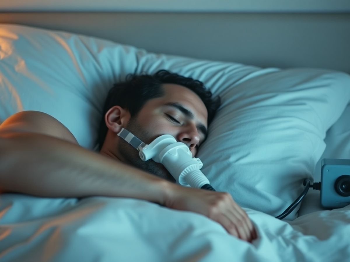 Man sleeping with CPAP machine in a serene bedroom.