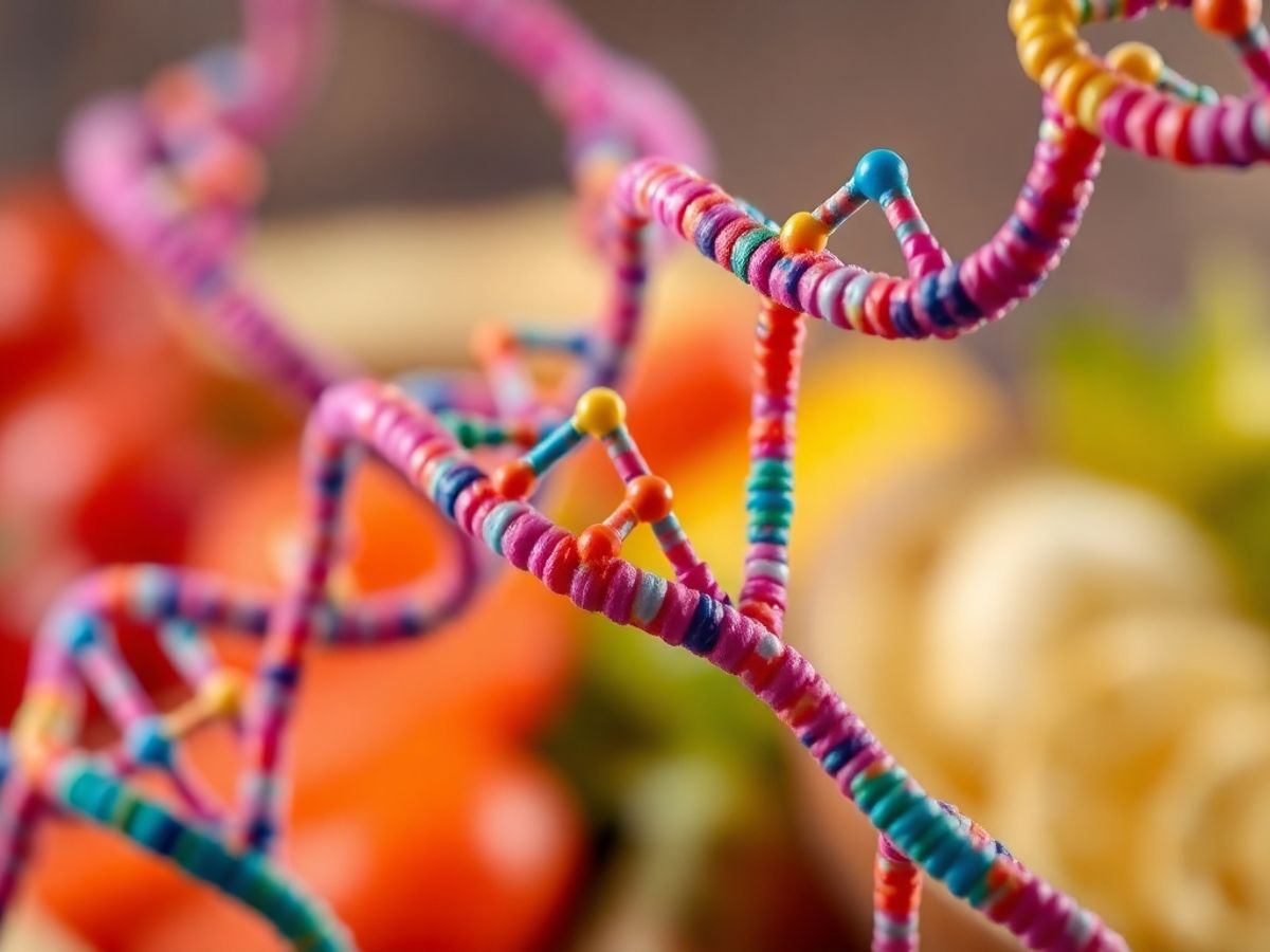 Colorful DNA strands related to obesity genetics.