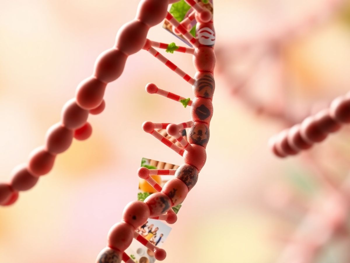 DNA strands intertwined with food and lifestyle elements.