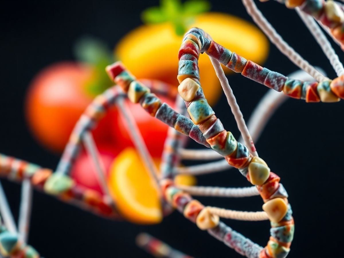 DNA helix with healthy and unhealthy food items.