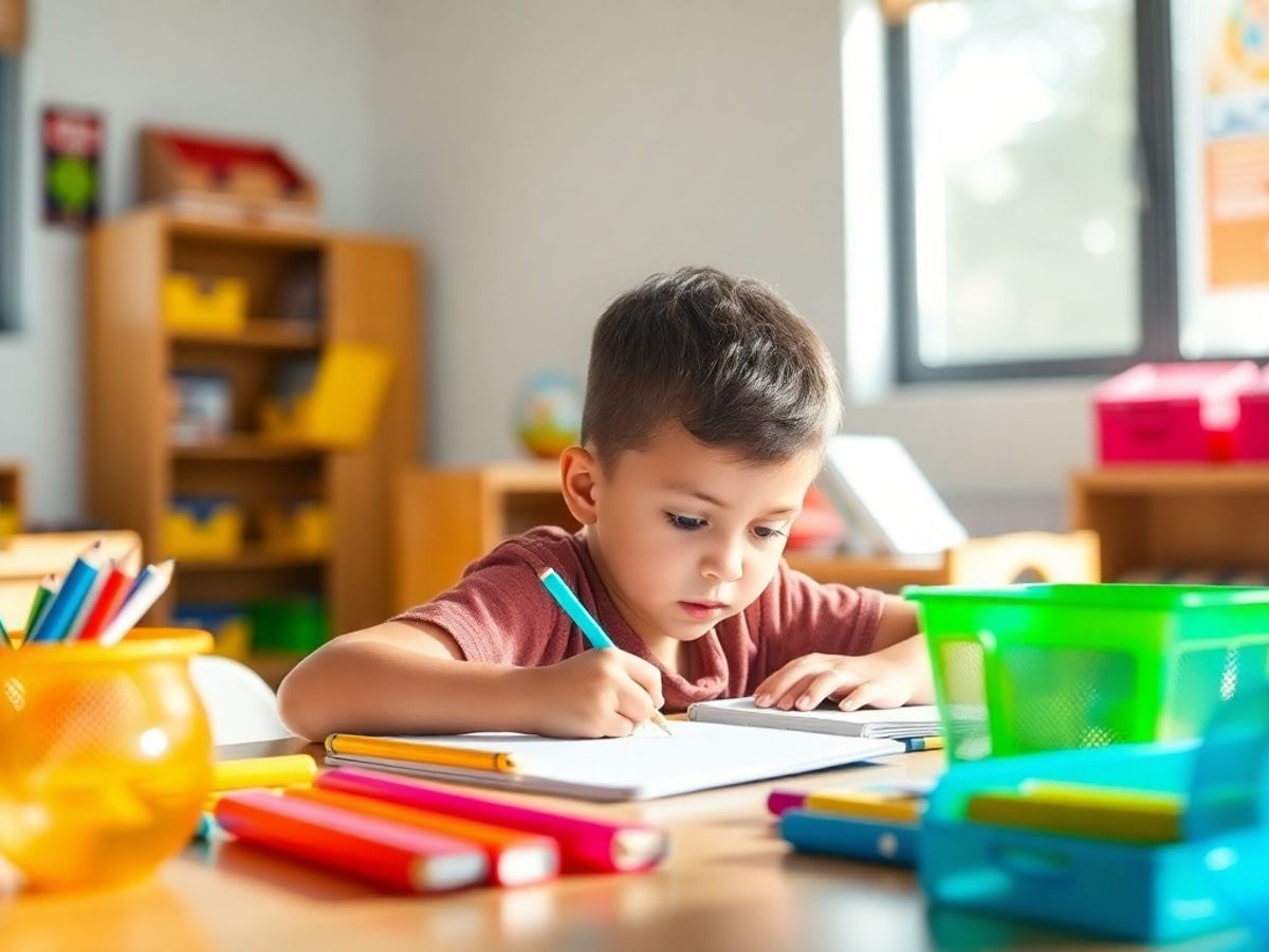 Child studying attentively at a bright, cozy desk.