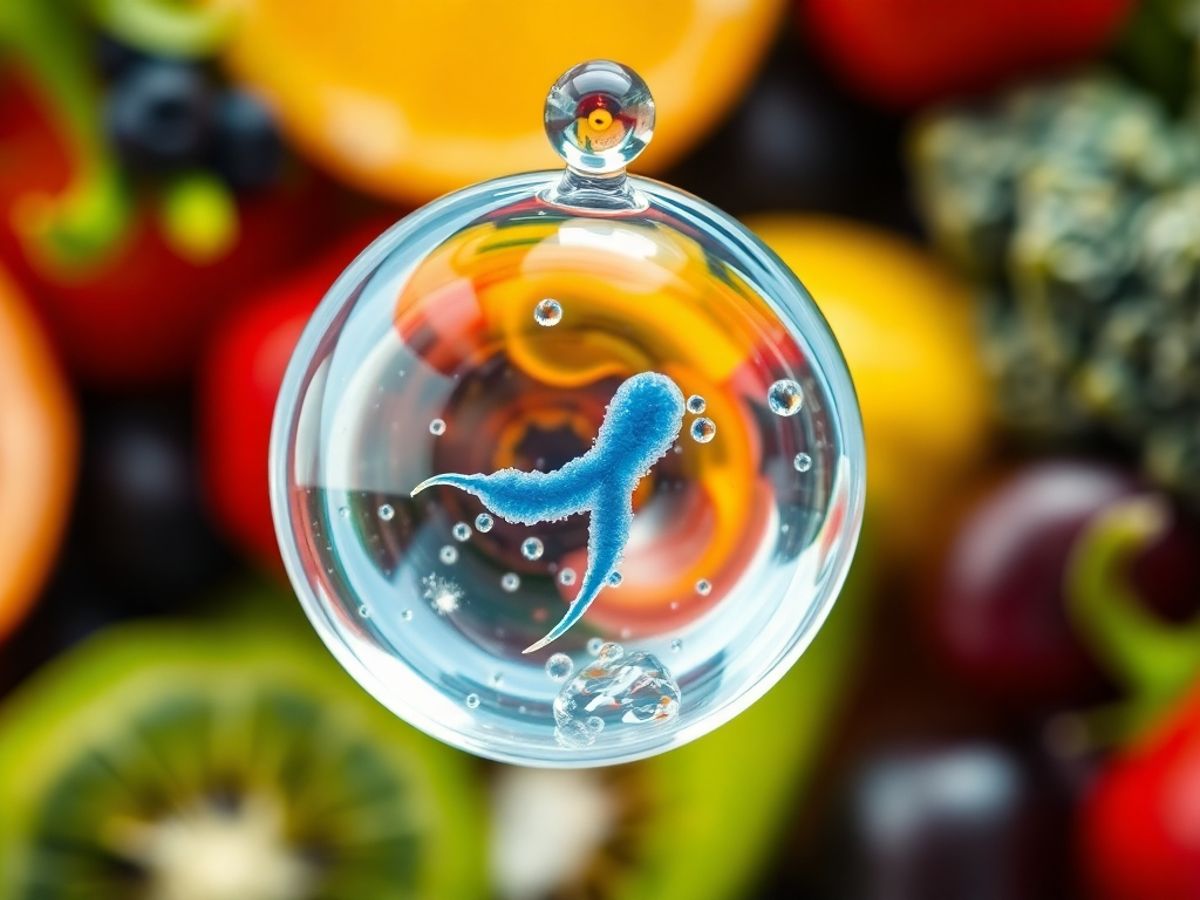 Droplet of sperm in liquid with fresh fruits and vegetables.