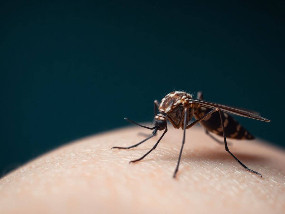 A mosquito biting human skin, focusing on its proboscis.