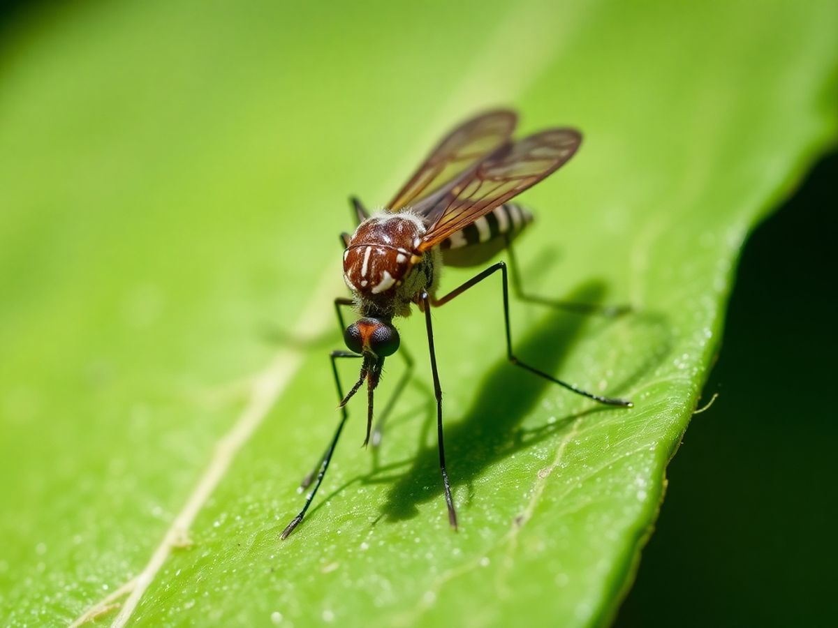 Close-up of a mosquito resting on a leaf.