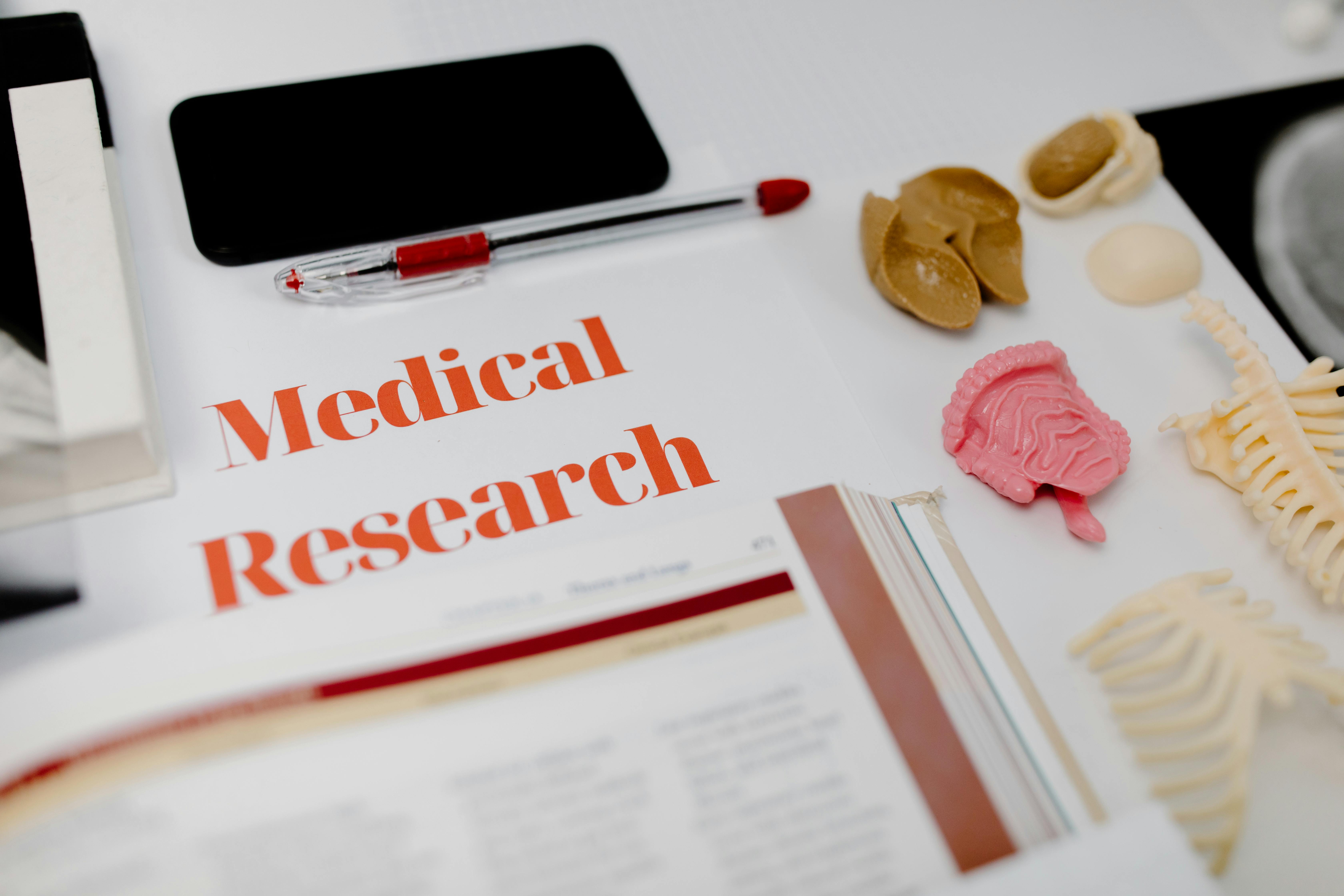 Flat lay of medical research tools and anatomical models on a desk.