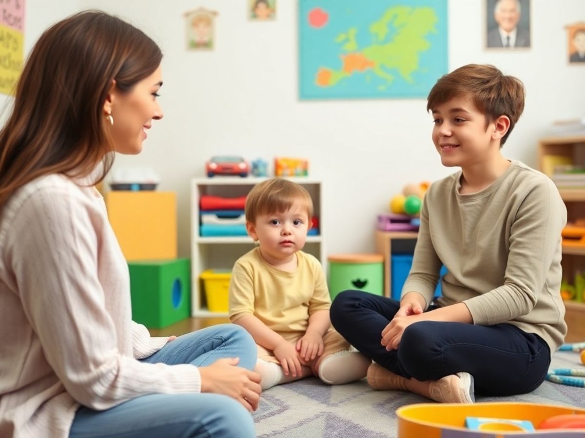 Child and therapist in a cozy therapy room.