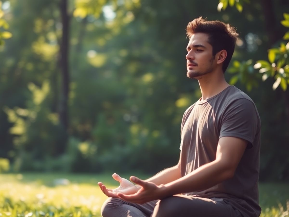 Adult meditating in nature, promoting mindfulness and tranquility.