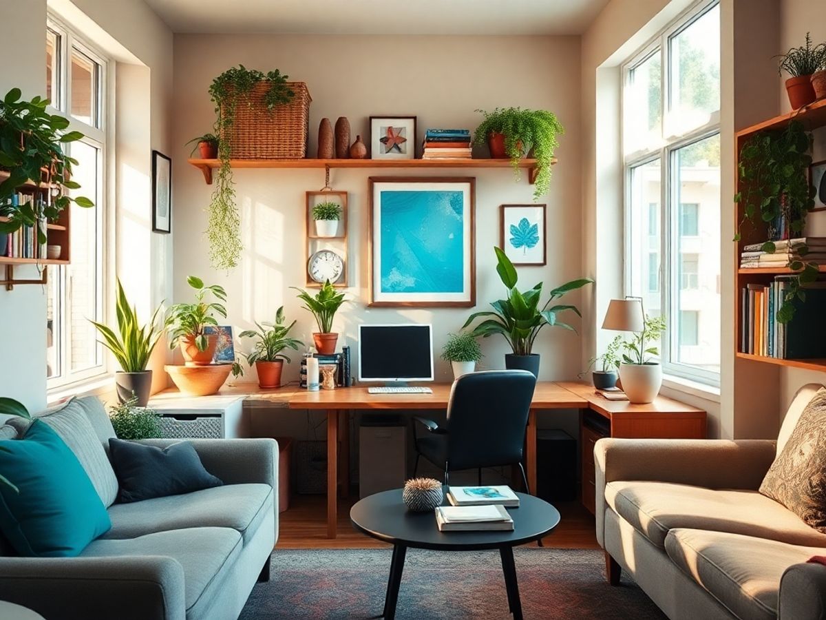 Cozy workspace with plants and personal items.