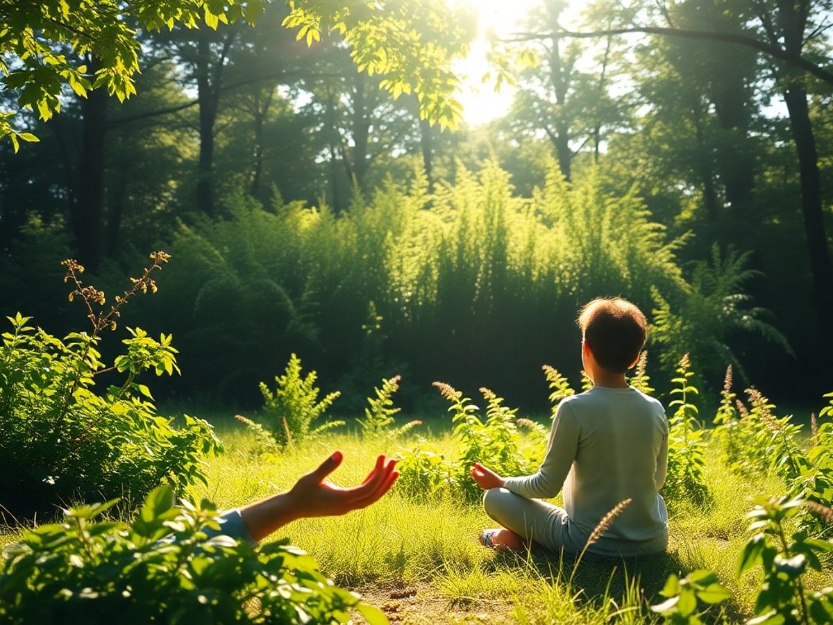 Person meditating in nature, promoting mindfulness and calmness.