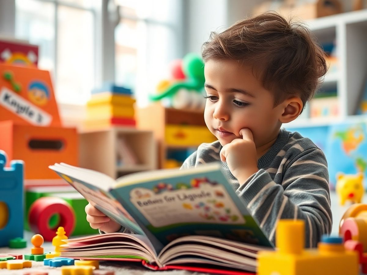 Gifted child reading in a bright, playful room.