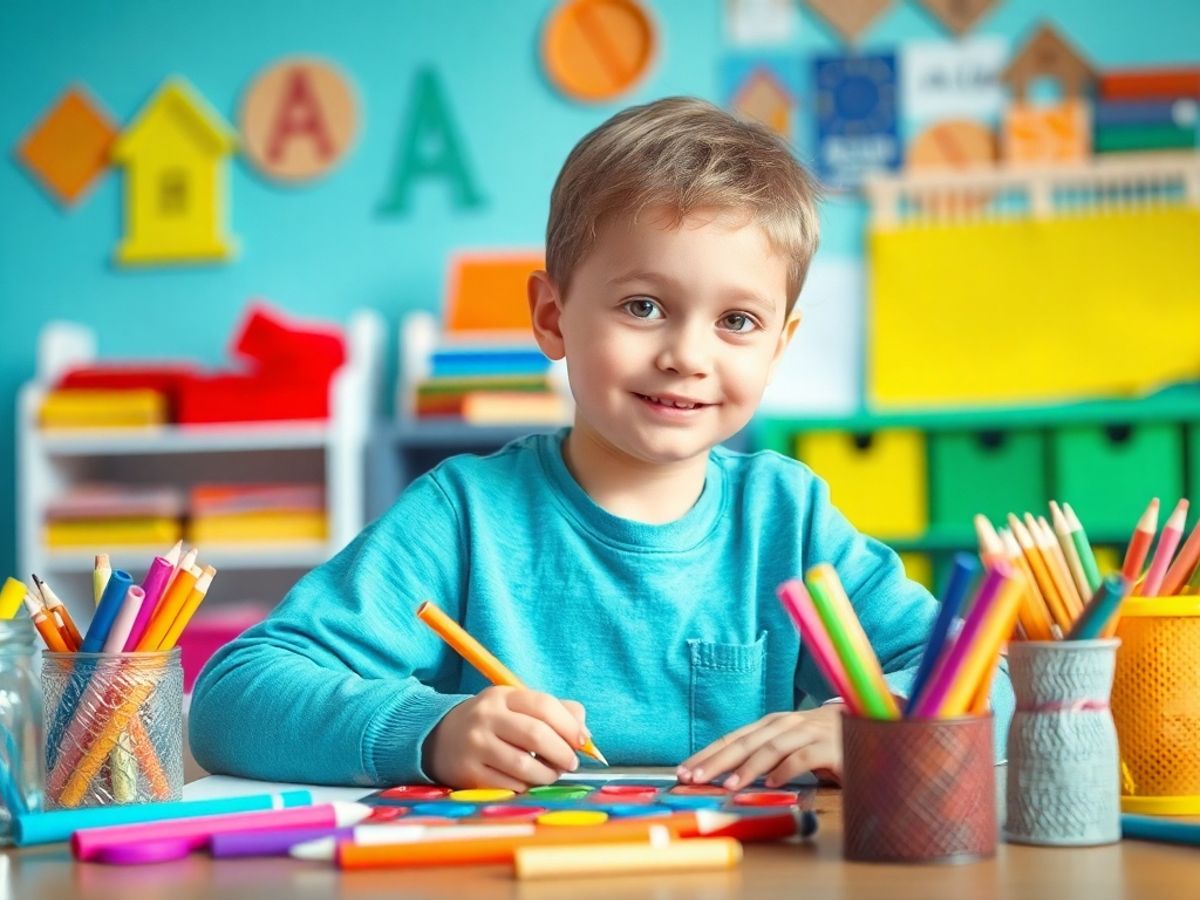 Gifted child playing with art supplies in a classroom.