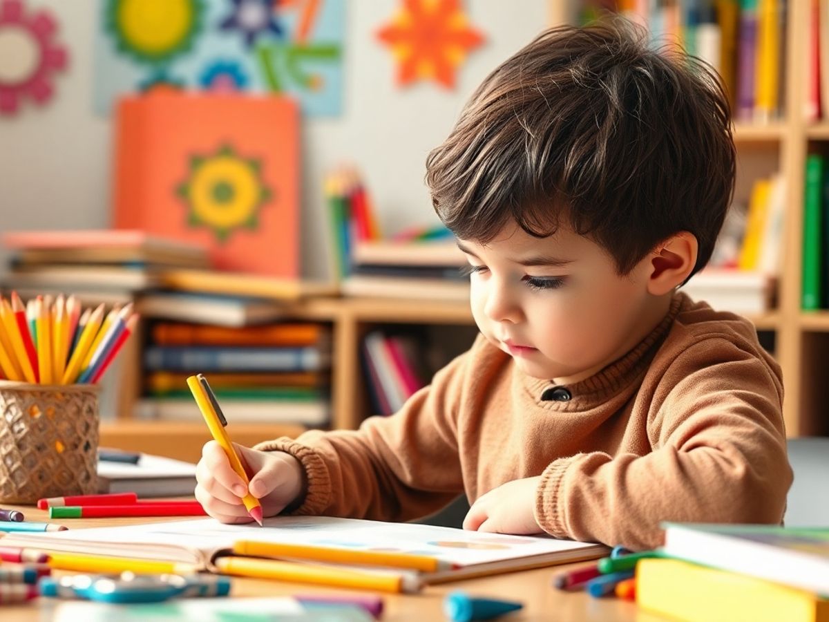 Gifted child with art supplies and books, focused and curious.