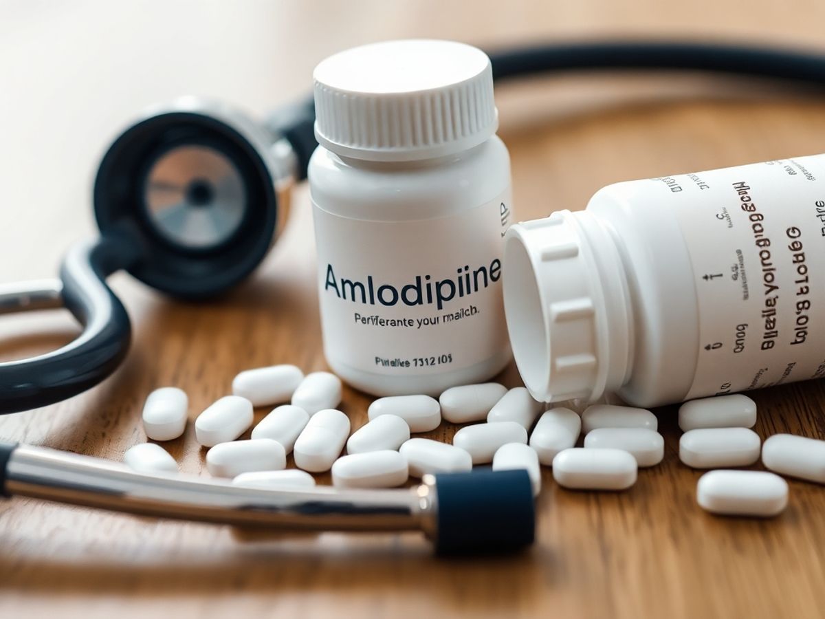 Close-up of Amlodipine pill bottle and stethoscope.