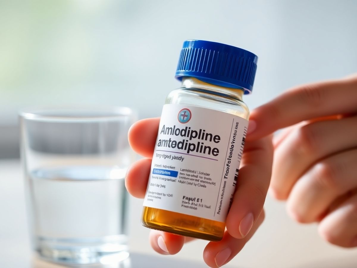 Person holding Amlodipine bottle and glass of water.