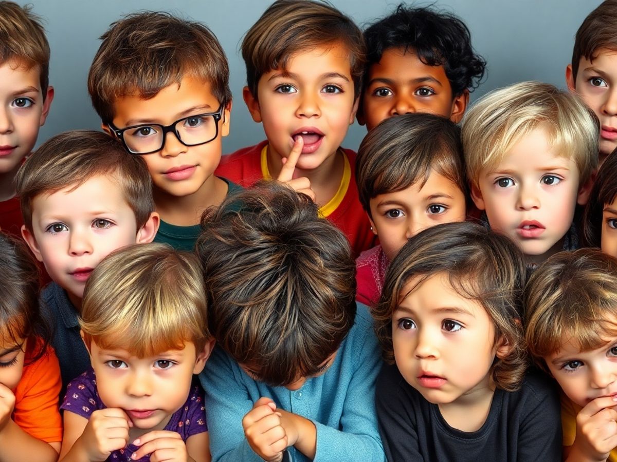 Group of children with different expressions and activities.