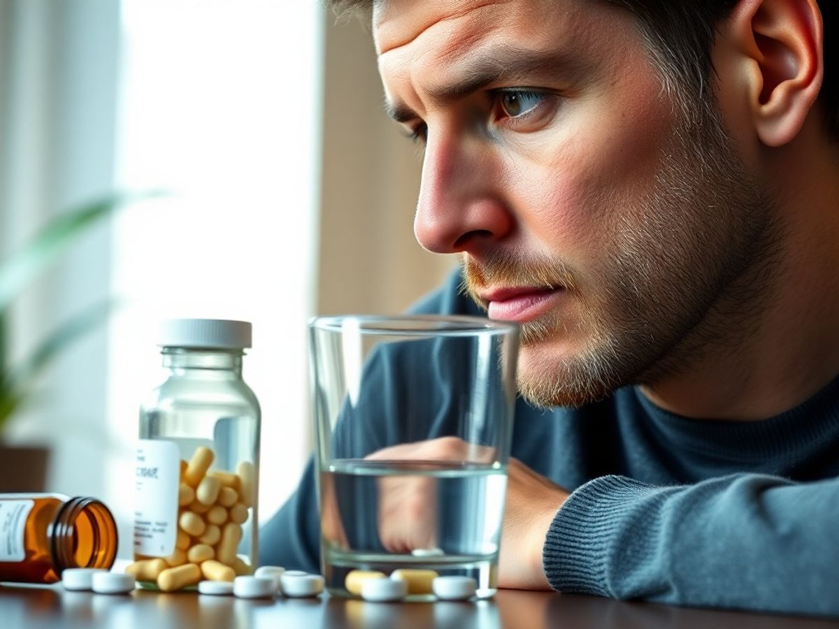 Man with medication contemplating health issues.