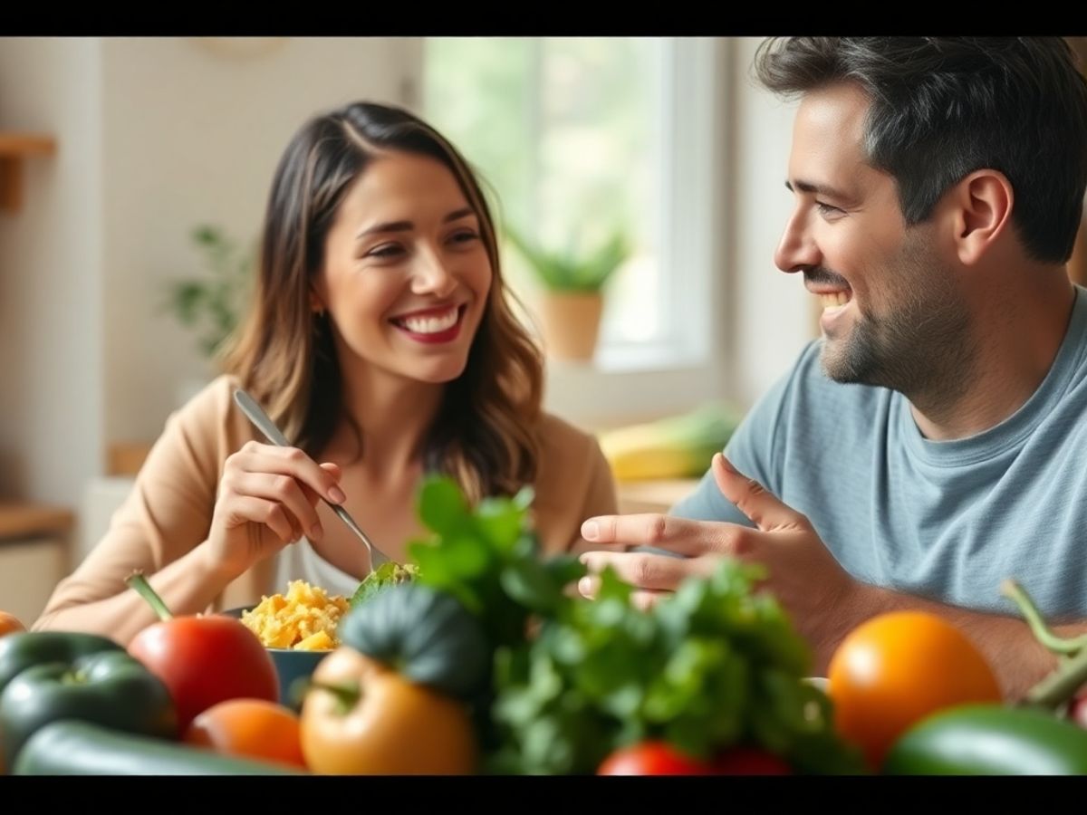 Couple enjoying a healthy meal with fresh ingredients.