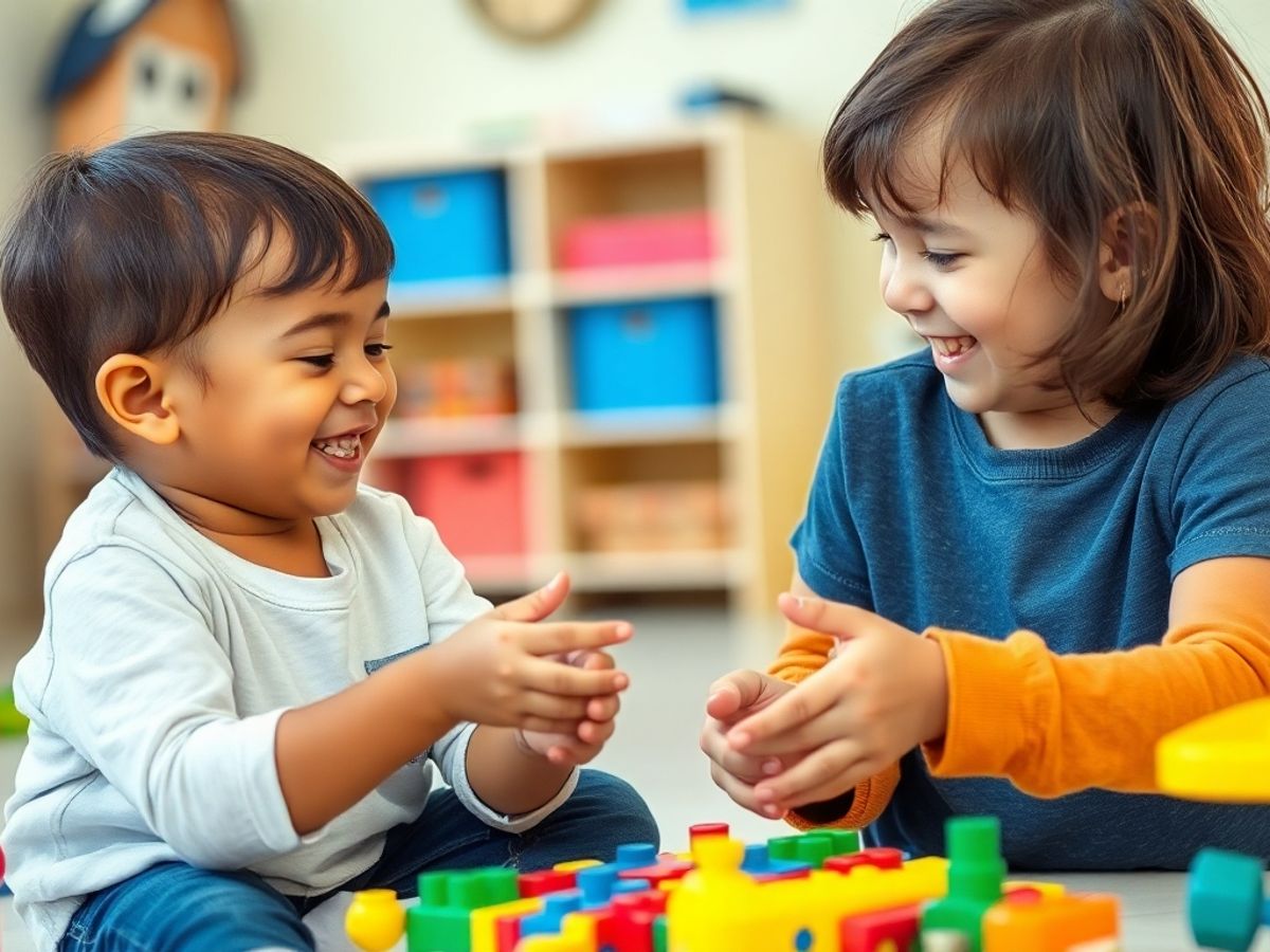 Two children happily playing together in a colorful setting.