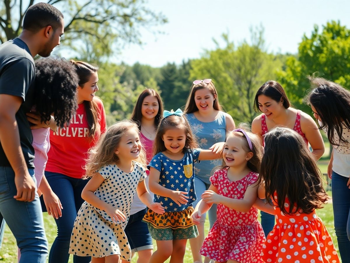 Parents and children playing together in a sunny park.