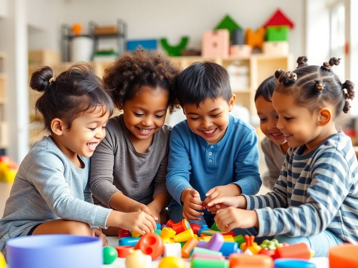 Diverse children playing together in a community space.