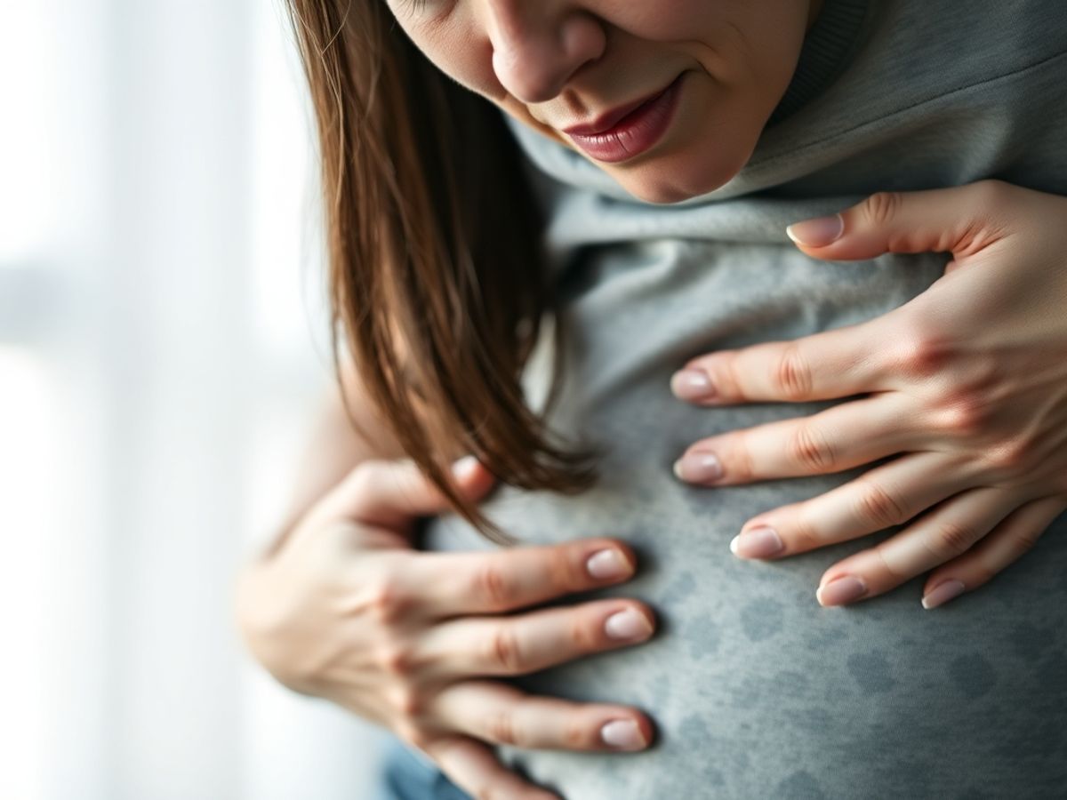 Woman holding her abdomen in discomfort.