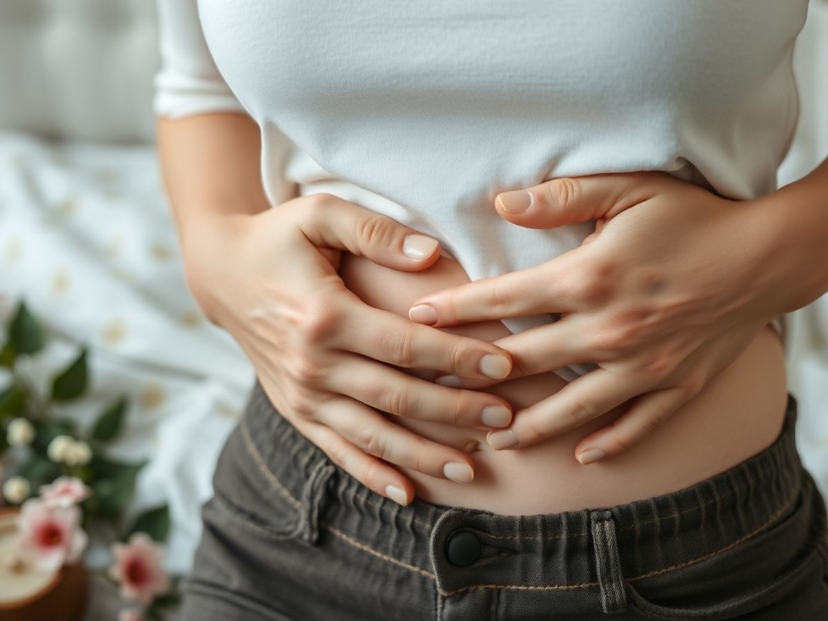 Woman holding abdomen in discomfort during menstrual cycle.