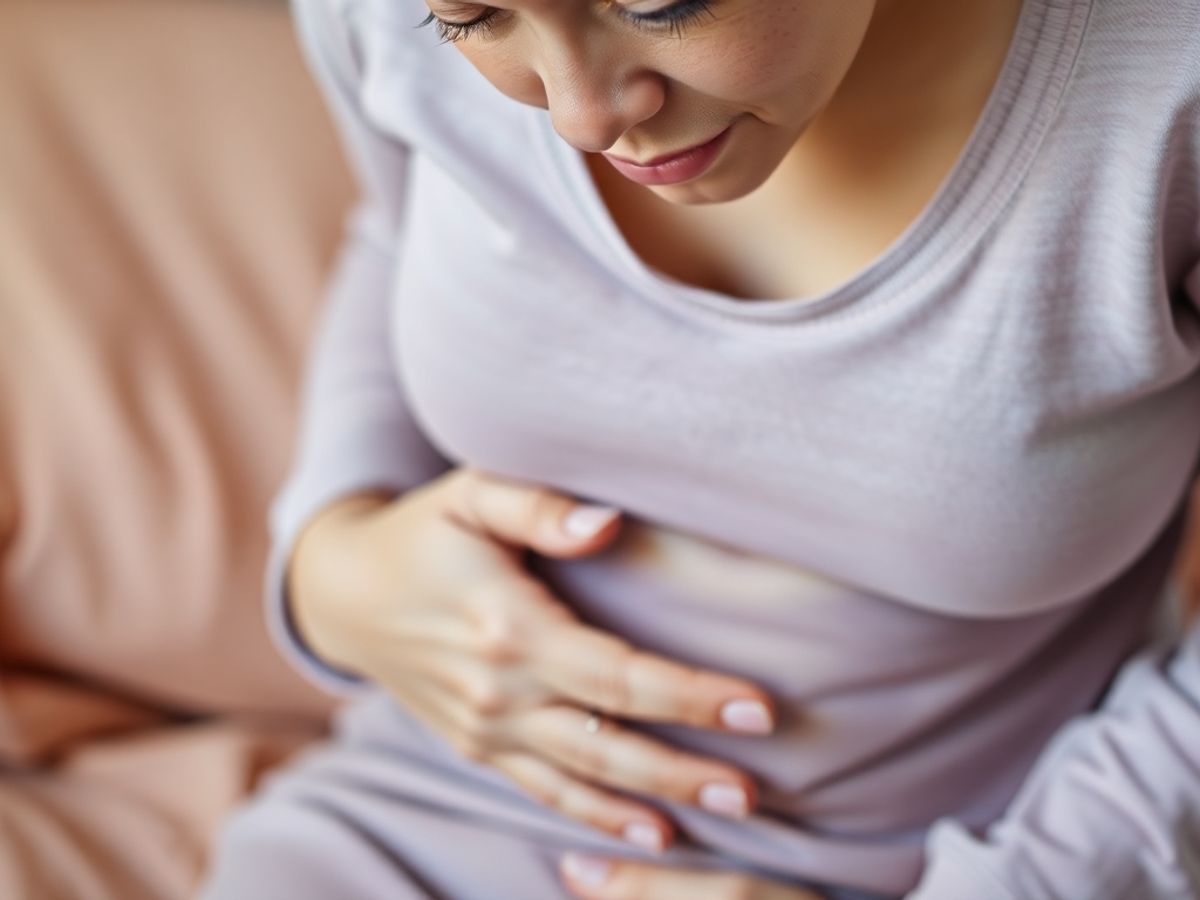 Woman in pain, holding her abdomen, expressing discomfort.