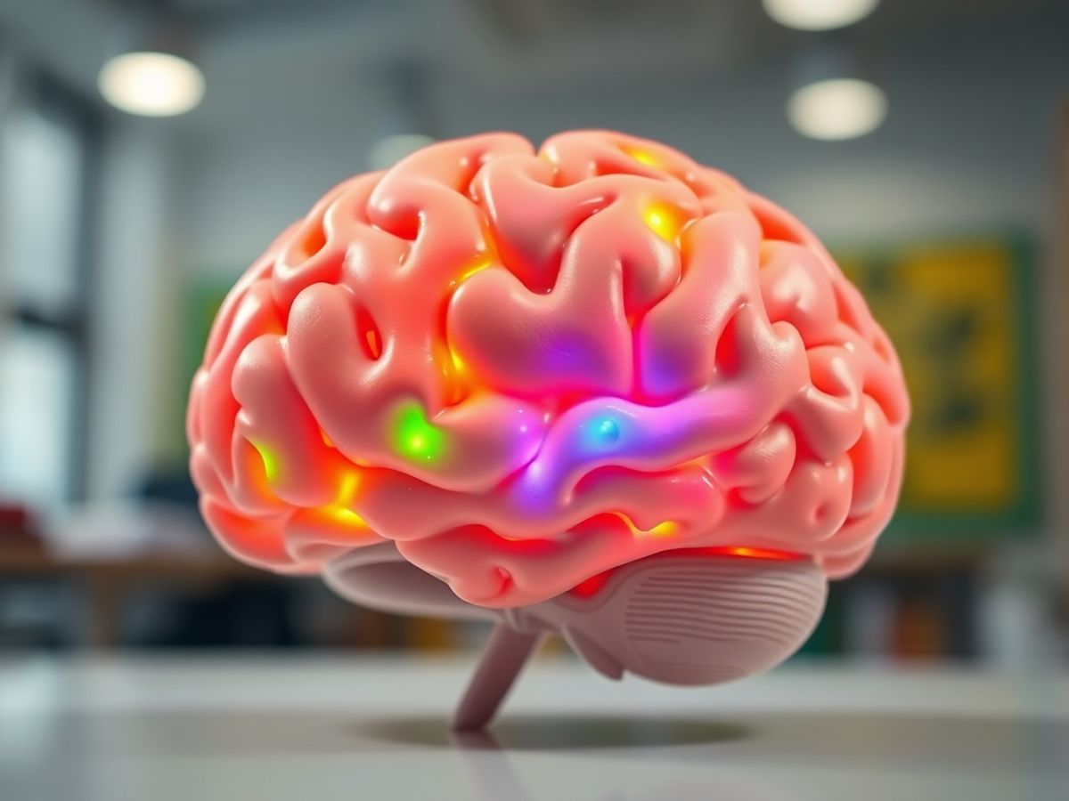 Colorful brain model in an educational setting.