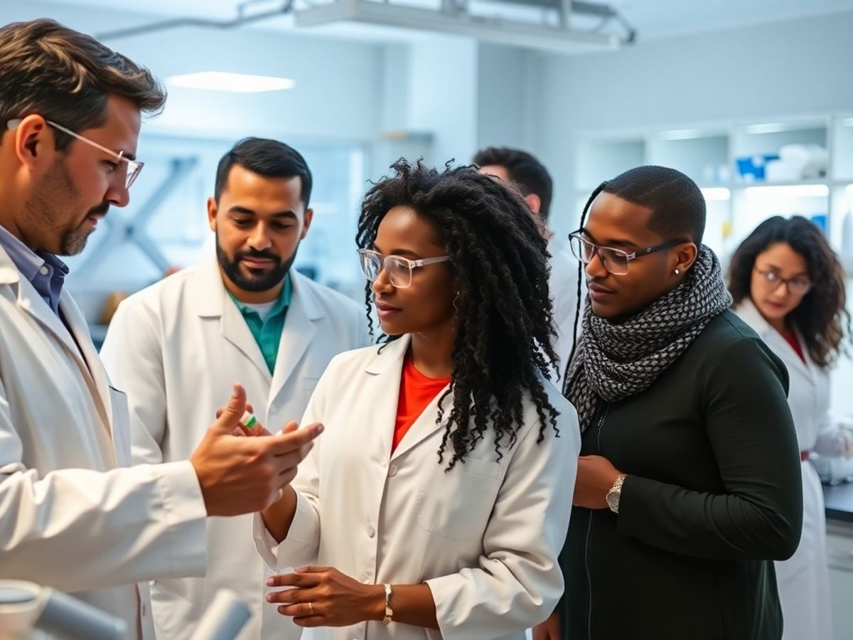 Scientists collaborating on HIV research in a laboratory.