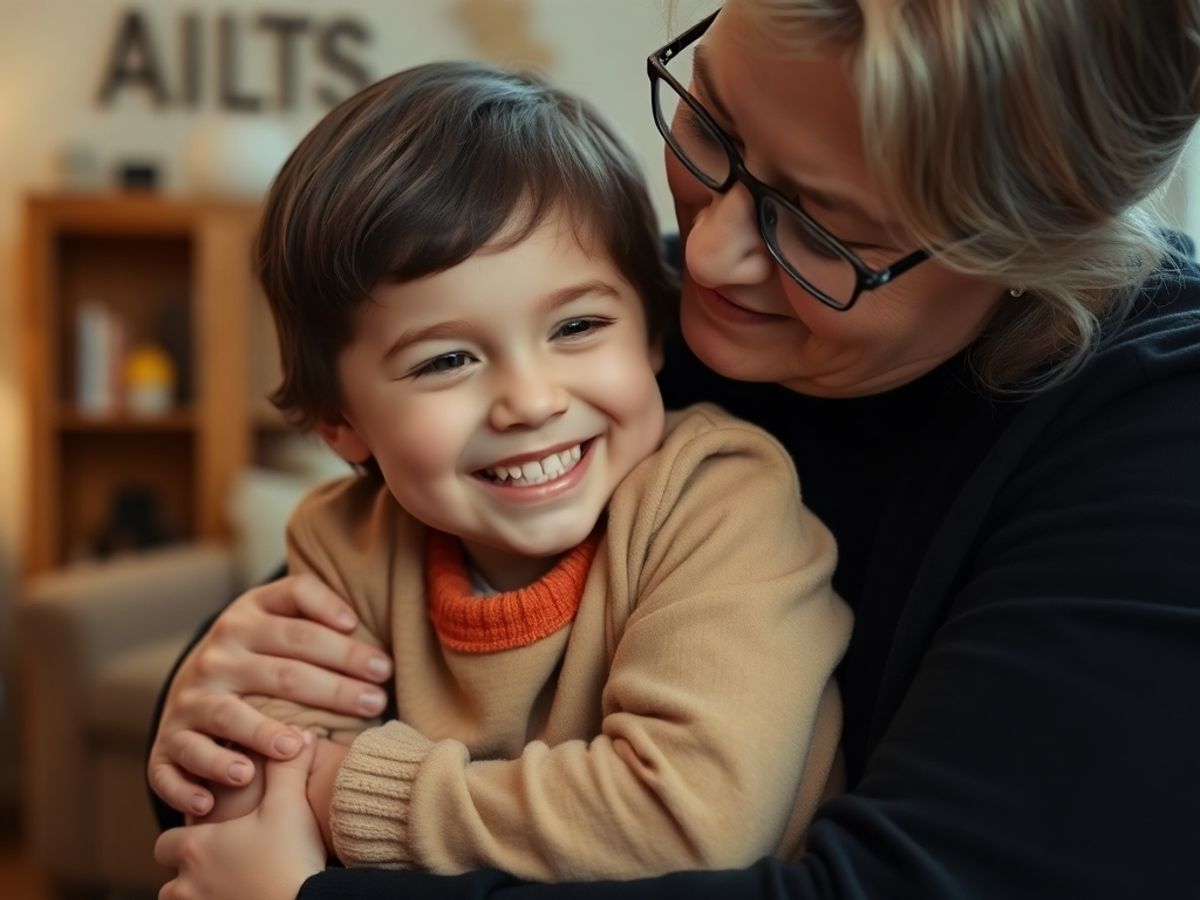 Child and caregiver sharing a warm embrace indoors.