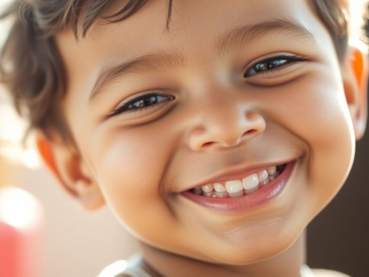 Smiling child in soft light, conveying hope and innocence.