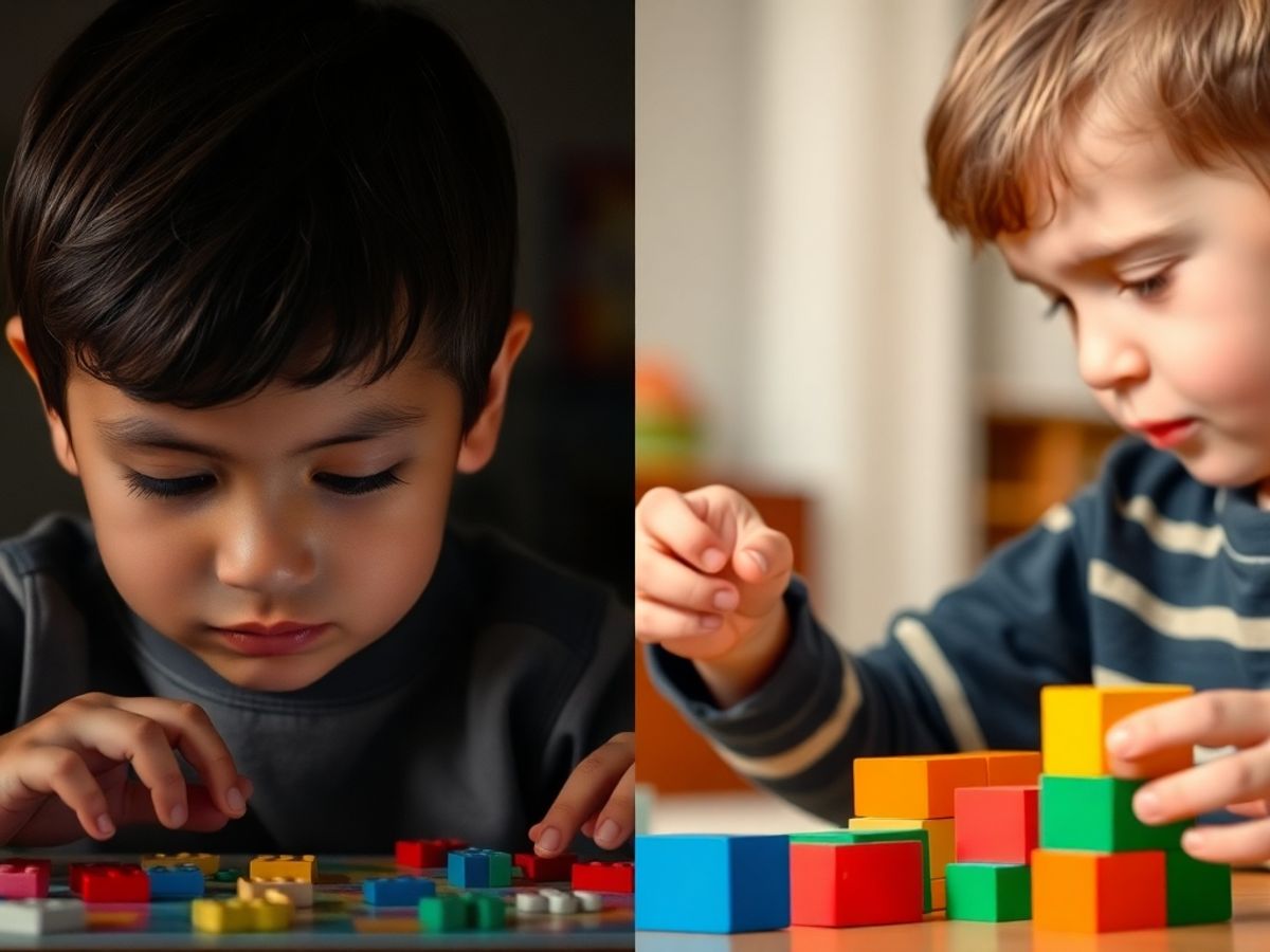 Two children engaged in focused activities, puzzle and blocks.