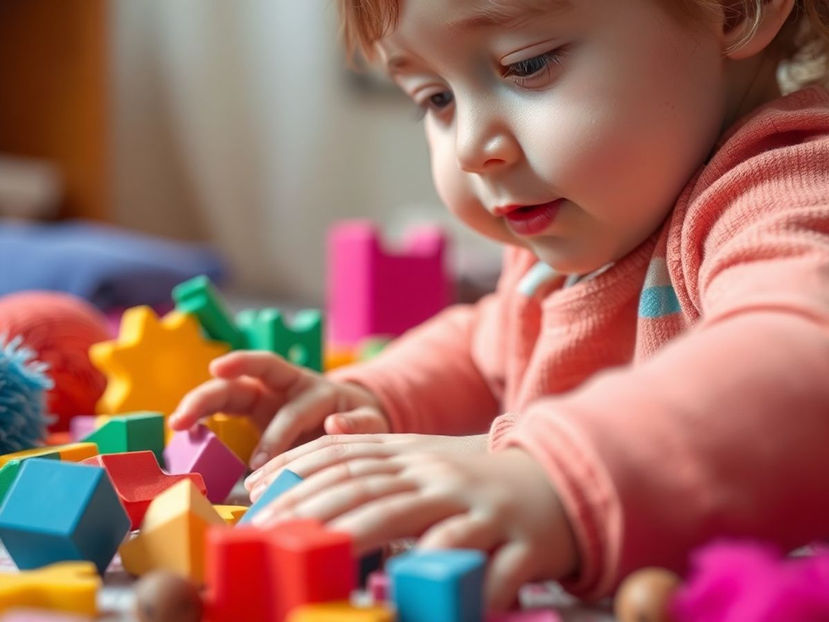 Child playing with colorful sensory toys in a bright setting.