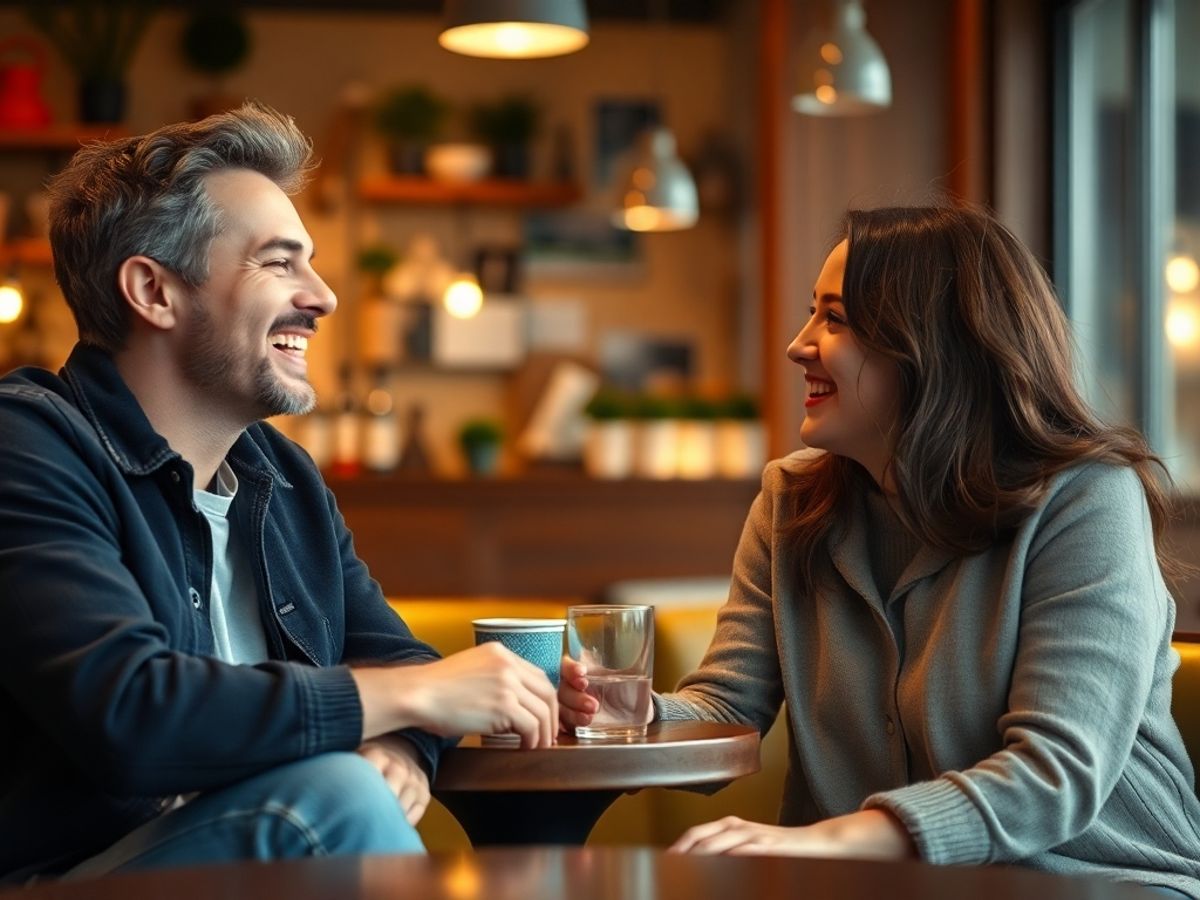 Two friends happily chatting in a cozy café.