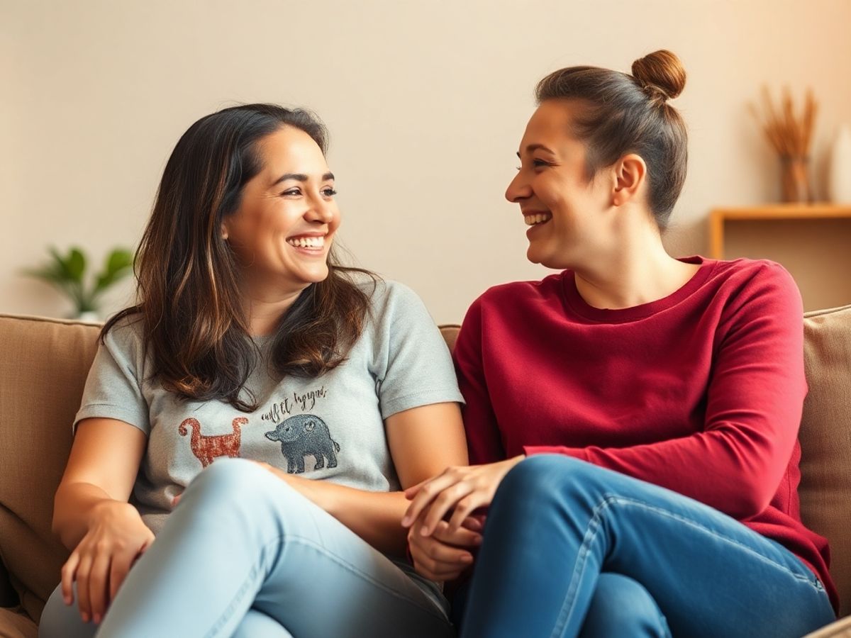 Two friends laughing together in a cozy setting.