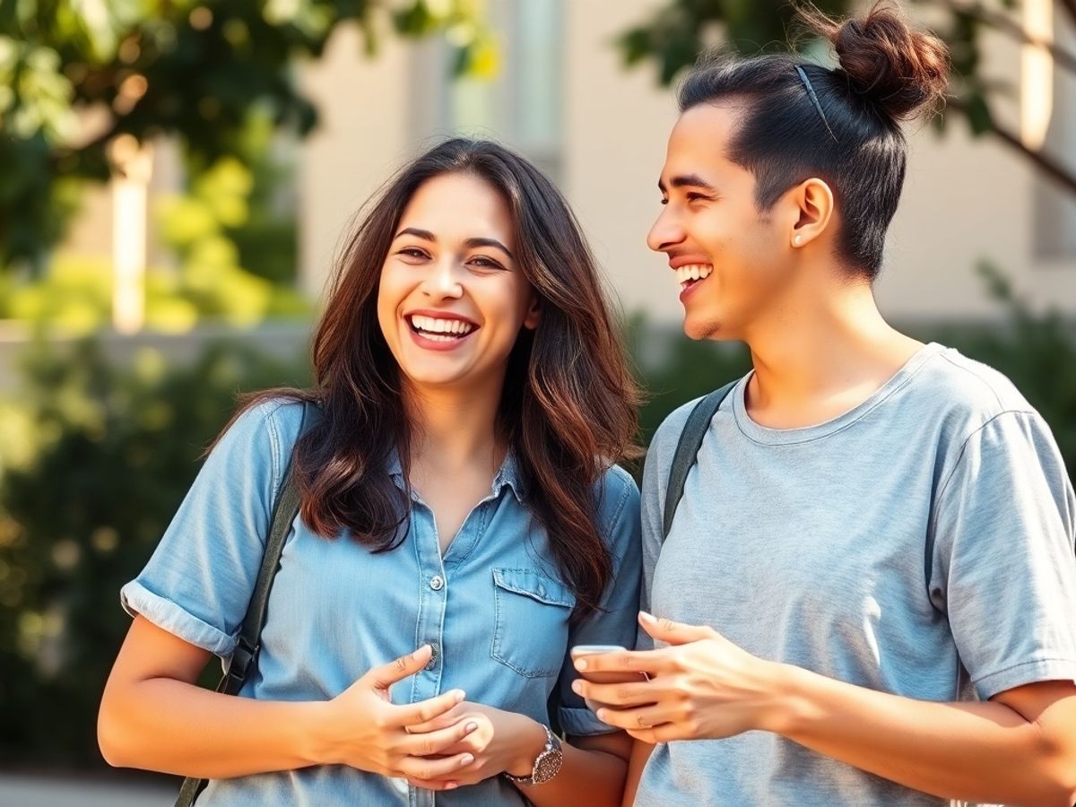 Two friends laughing together in a sunny outdoor setting.