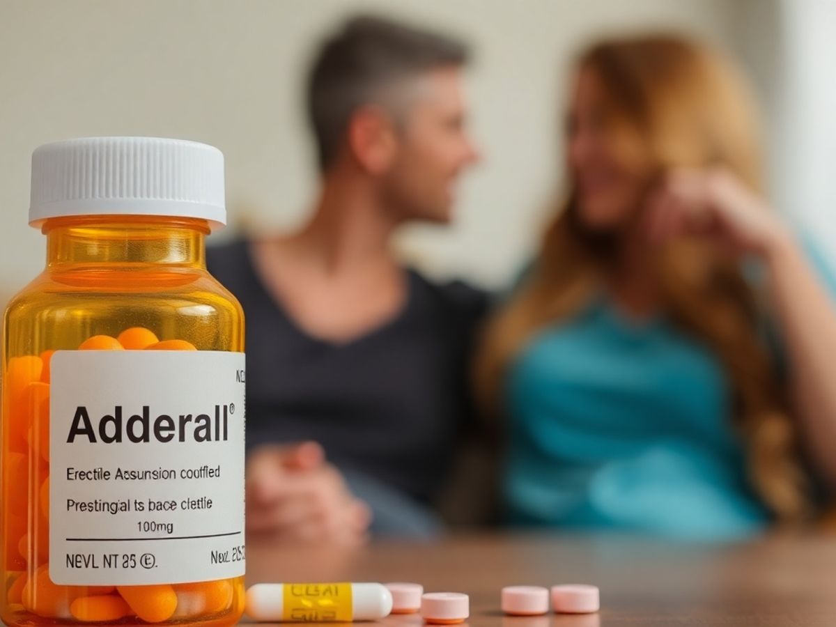 Prescription bottle of Adderall with a couple in background.