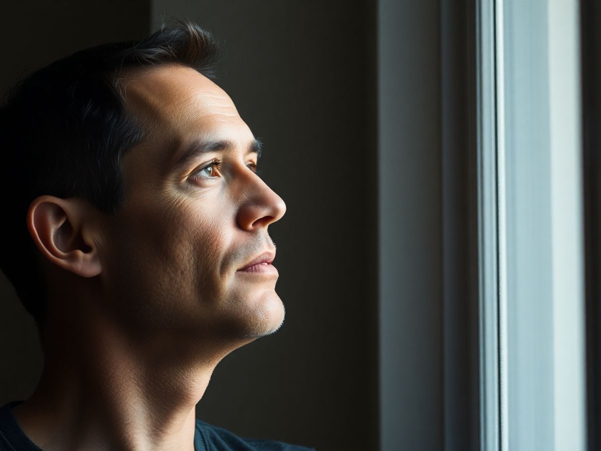 Man reflecting on personal challenges by a window.