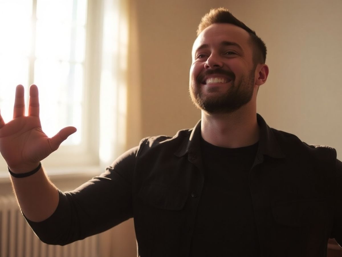 Man standing confidently in a sunlit room, feeling empowered.