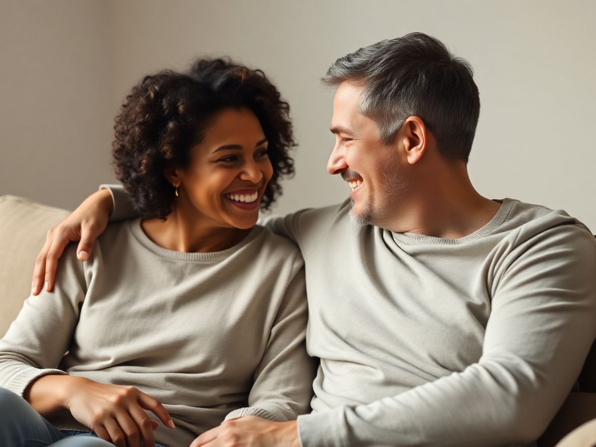 Couple sharing a warm moment on a cozy couch.