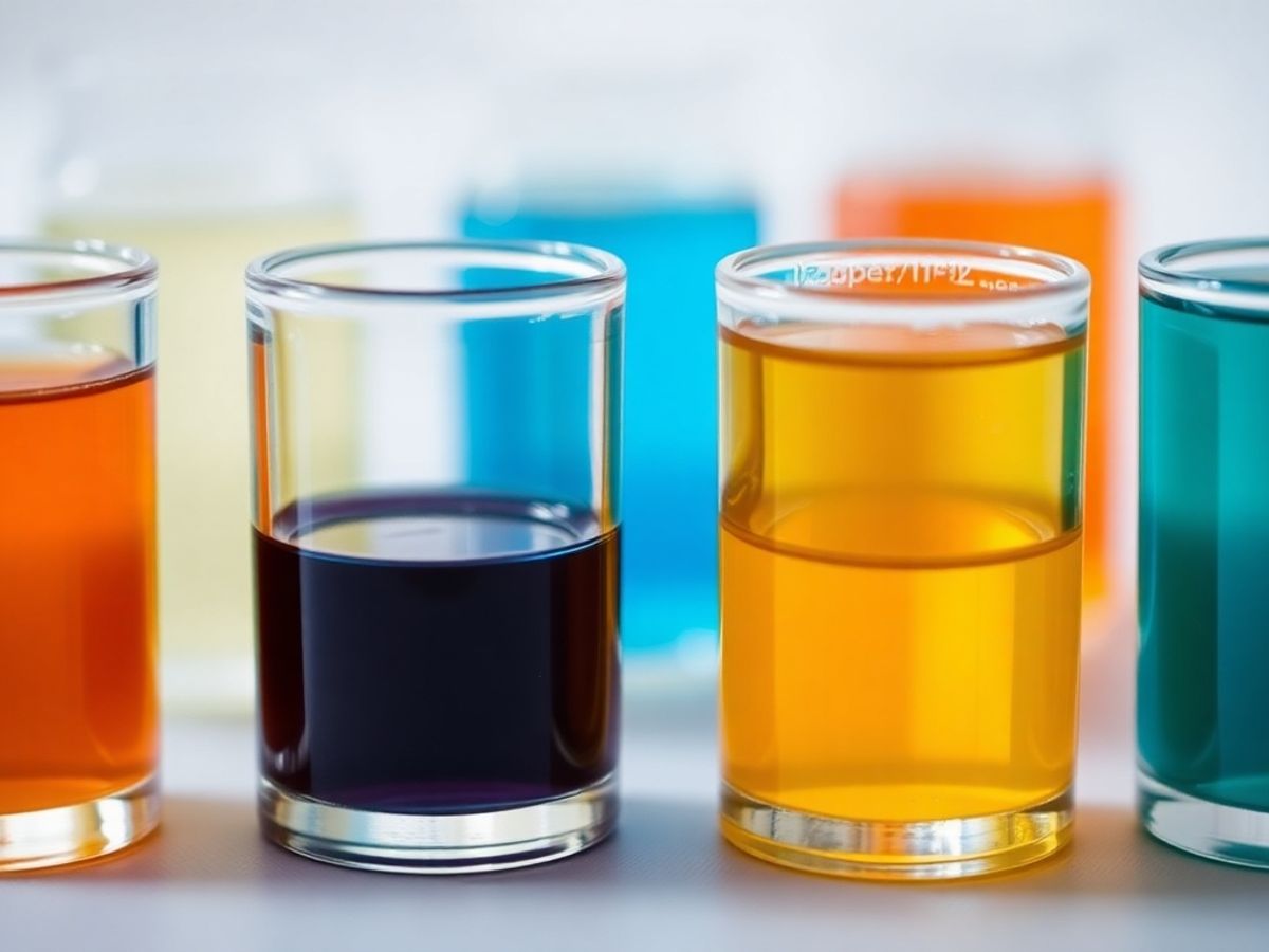 Color variations of fluid in small glass containers.