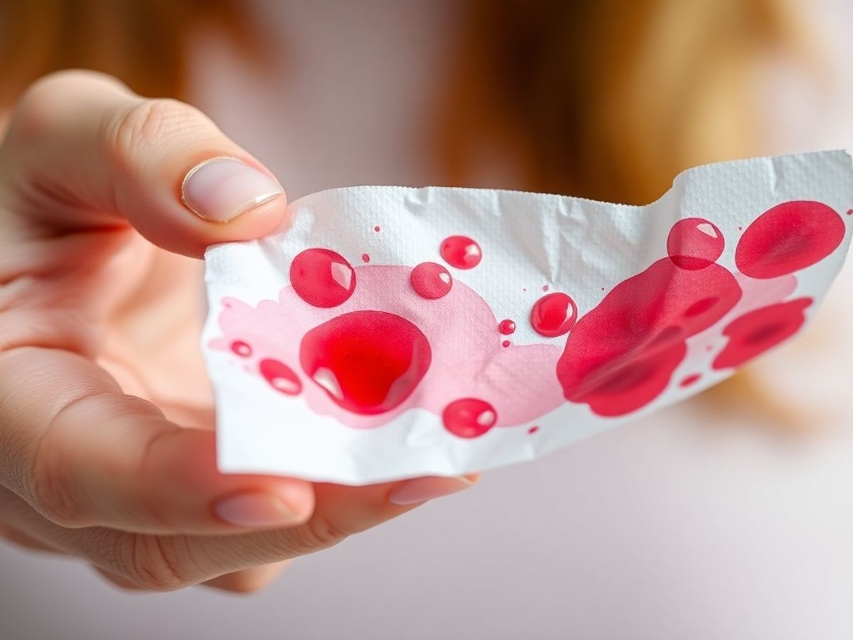 Hand holding tissue with colored discharge samples.