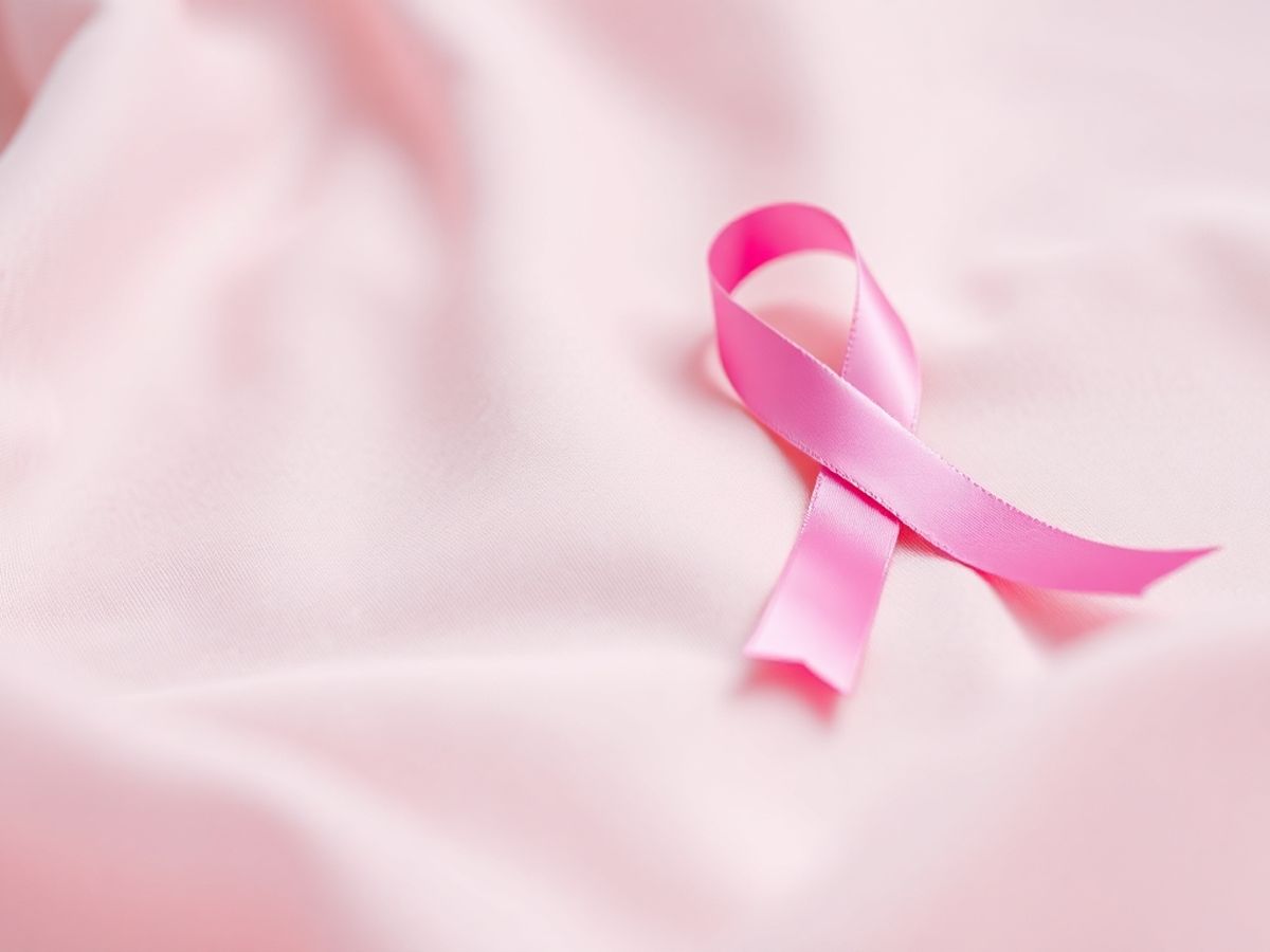 Close-up of a pink ribbon on fabric background.