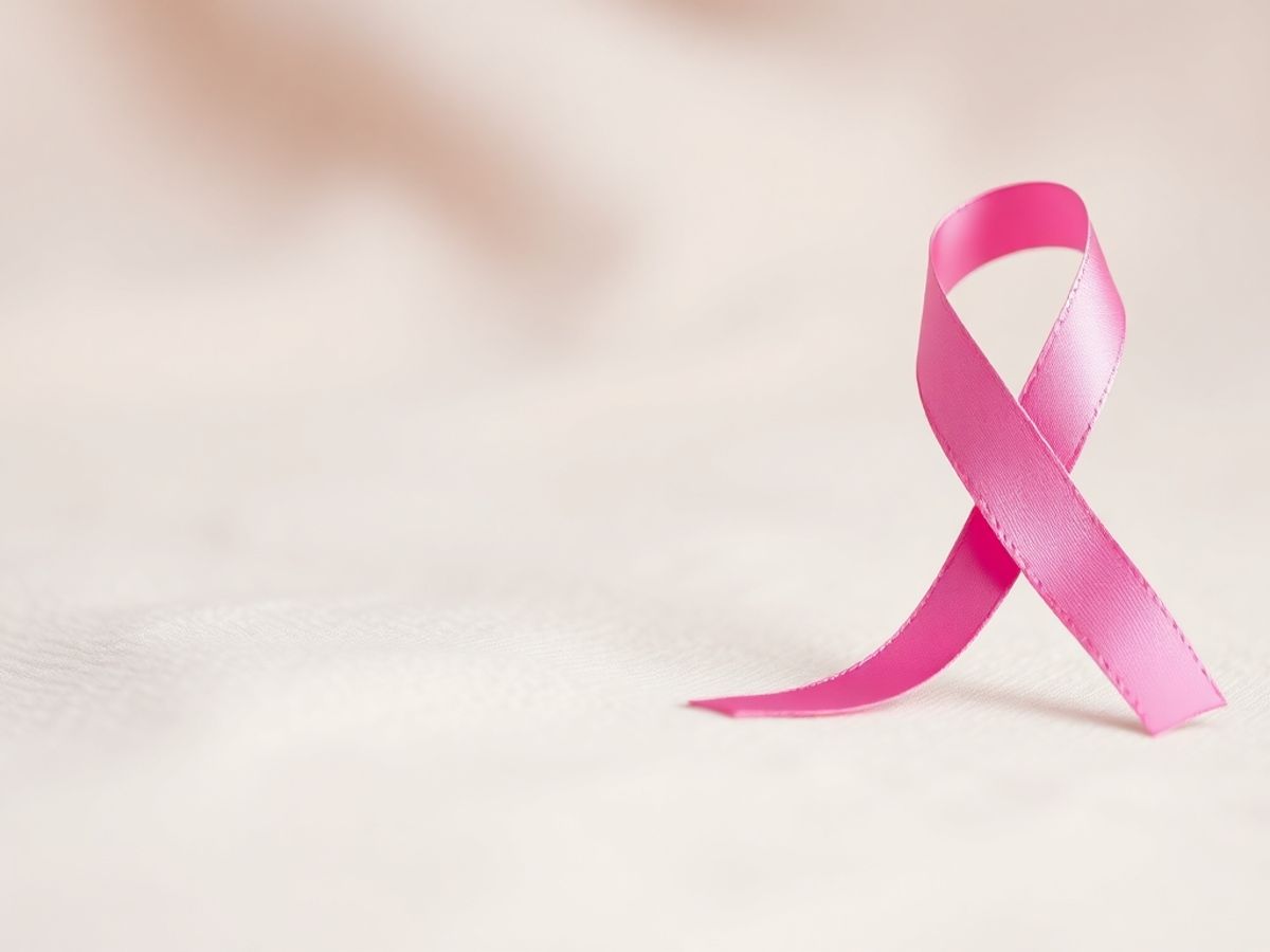 Pink ribbon for breast cancer awareness on soft background.